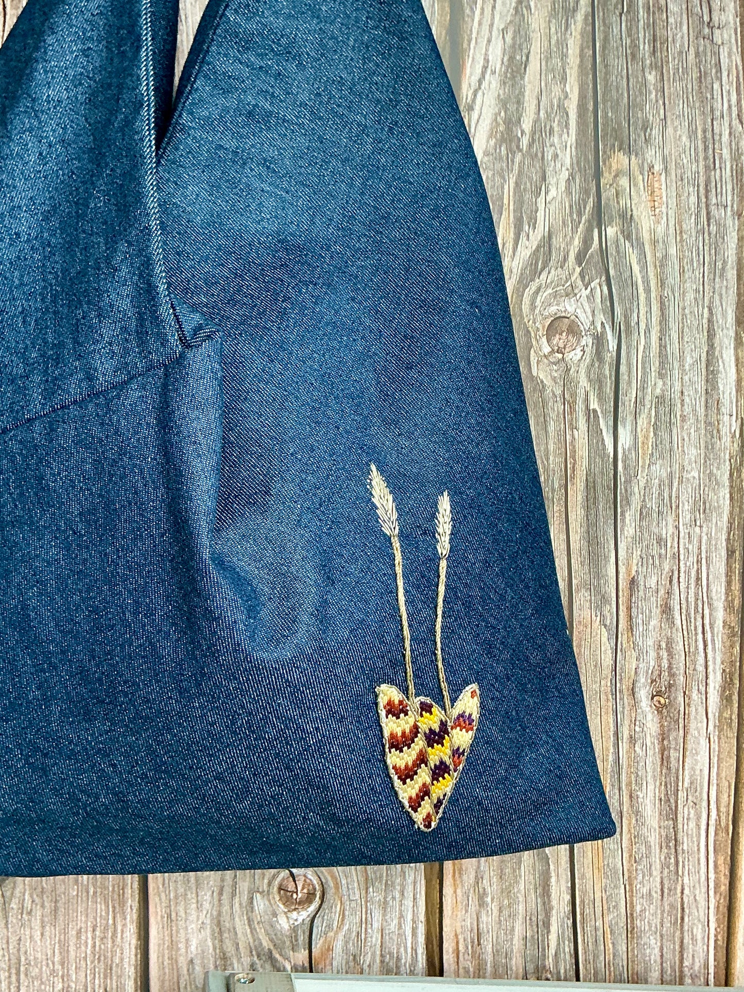 Origami denim bag with grass embroidery