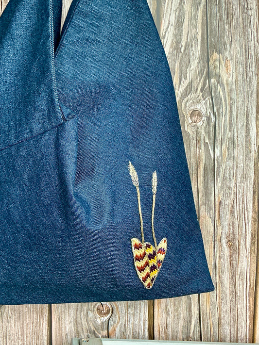 Origami denim bag with grass embroidery